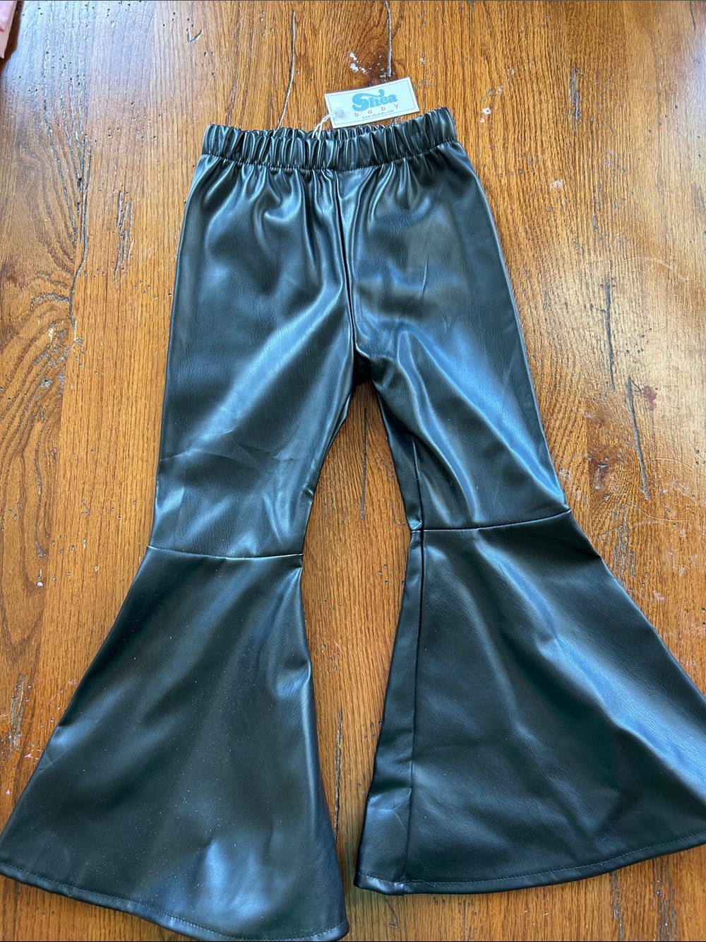 Kids Black Faux Leather bell bottom pants